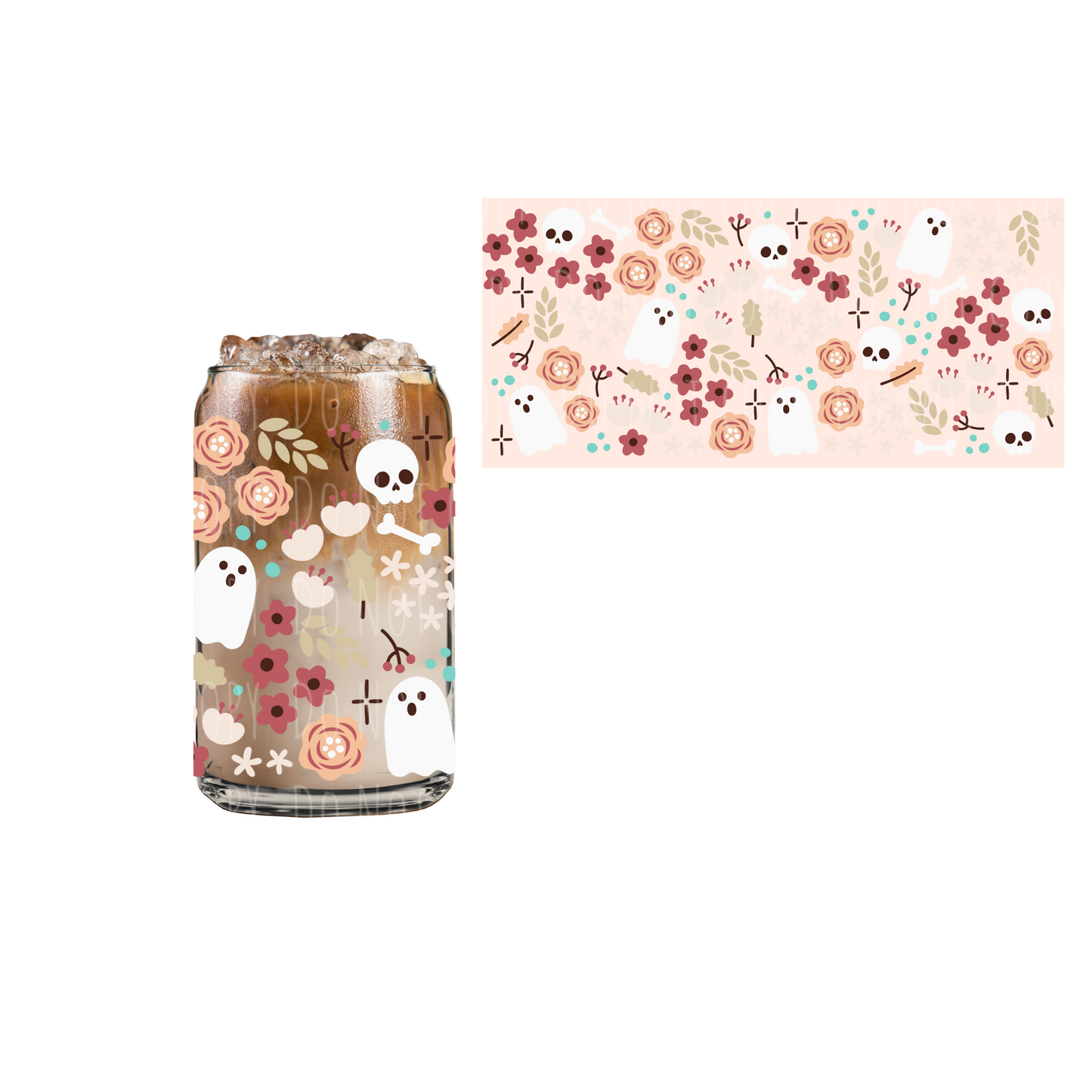 Boho Ghost and Floral MUTED color (DOUBLE SIDED) UVDTF 16oz cup wrap