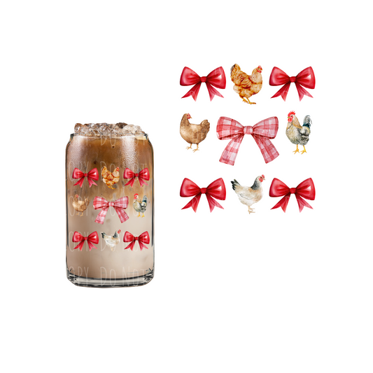 Chicken + Red Bows (DOUBLE SIDED) UVDTF decal