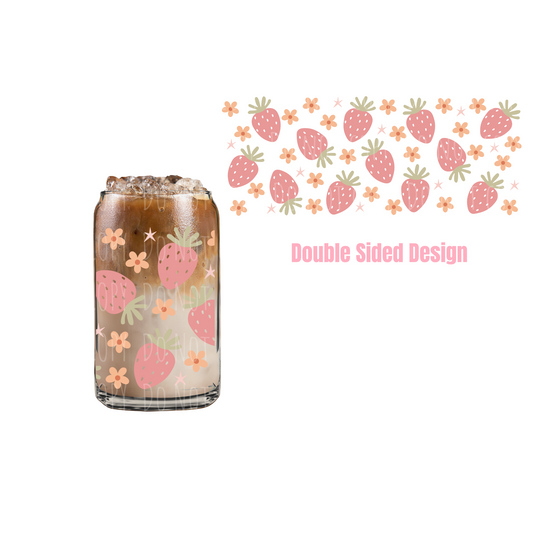 Pink Strawberry + Daisy (DOUBLE SIDED) UVDTF 16oz cup wrap