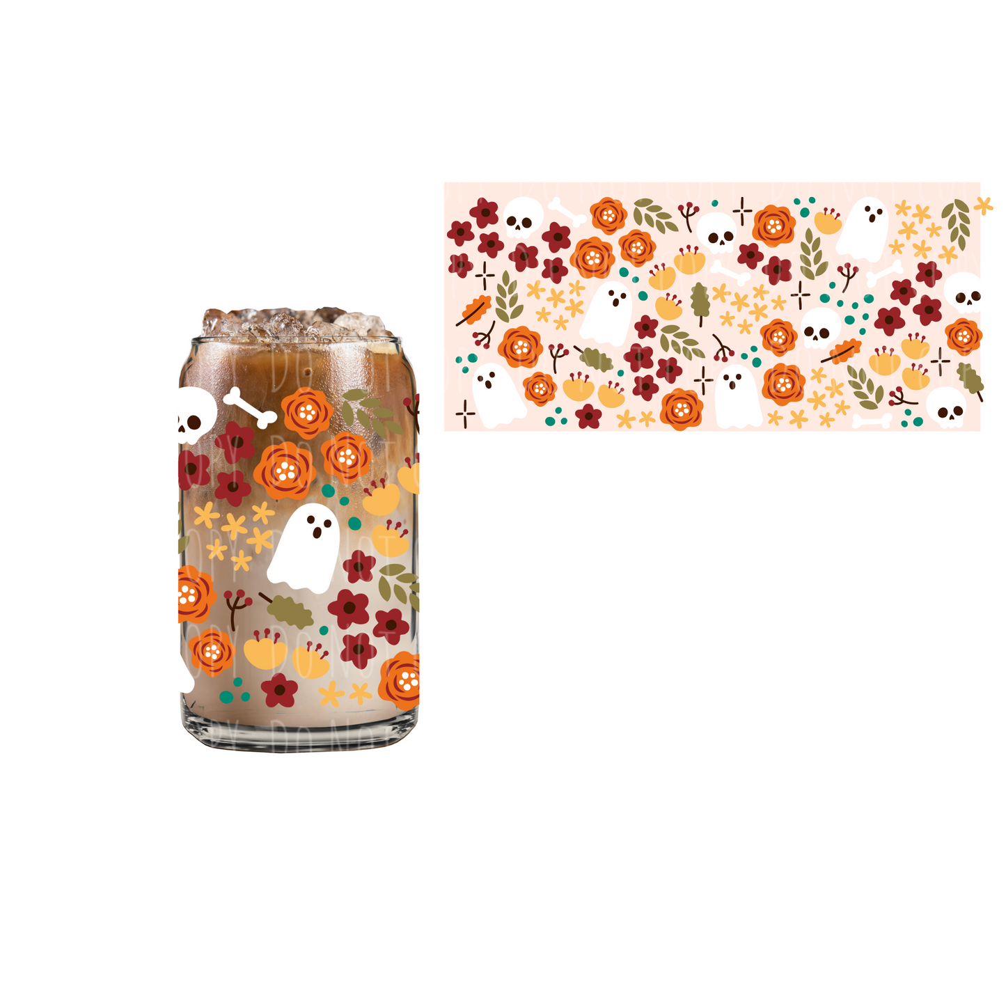 Boho Ghost and Floral Bright color (DOUBLE SIDED) UVDTF 16oz cup wrap